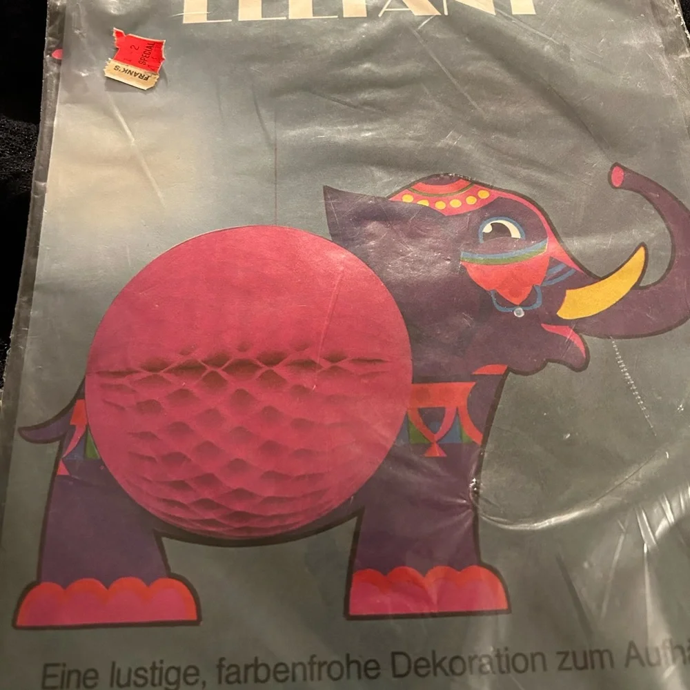 VTG Honeycomb Paper Elephant hanging decoration. Made in West Germany. 1960s